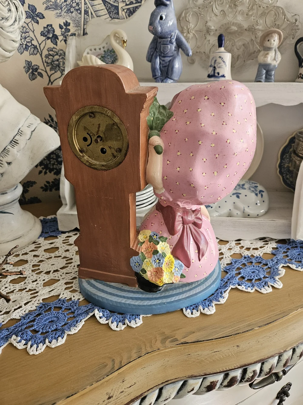 Pink Girl Figurine with Grandfather Clock Decorative Statue
